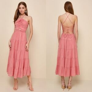 NWOT Lulu's Effortless Sweetness Rusty Rose Ruched Lace-Up Tiered Midi Dress